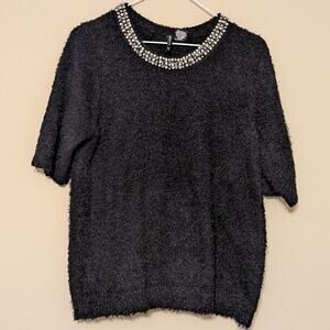 New Directions Old Money Glam Embellished Fuzzy Knit Top